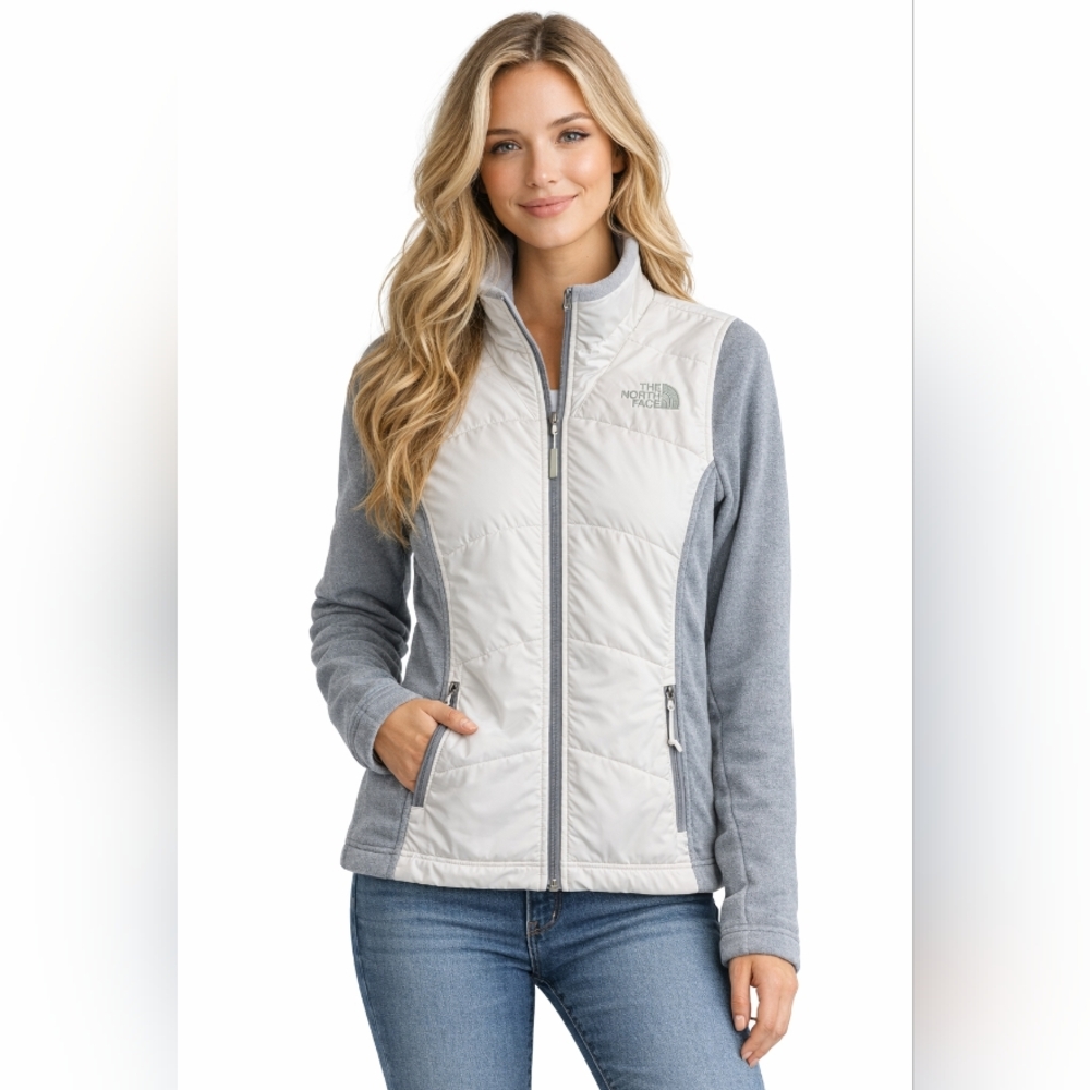 The North Face Women’s Small Pettite  White Gray Hybrid Fleece Quilted Jacket